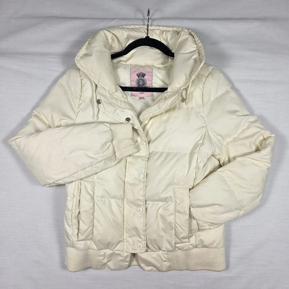 Juicy Couture Puffer Jacket Womens Medium Down Fill Cream Y2K Winter Coat‎ 2000s